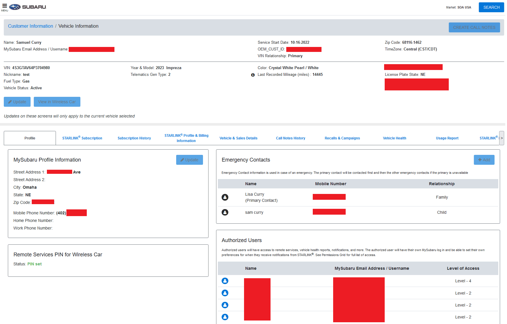 Retrieving street address, phone number, email, emergency contacts, authorized users, and billing information of any Subaru STARLINK customer.