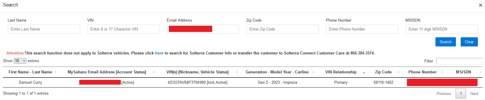 The STARLINK search functionality which allows you to search via zip code and last name, VIN, email address, and phone number.