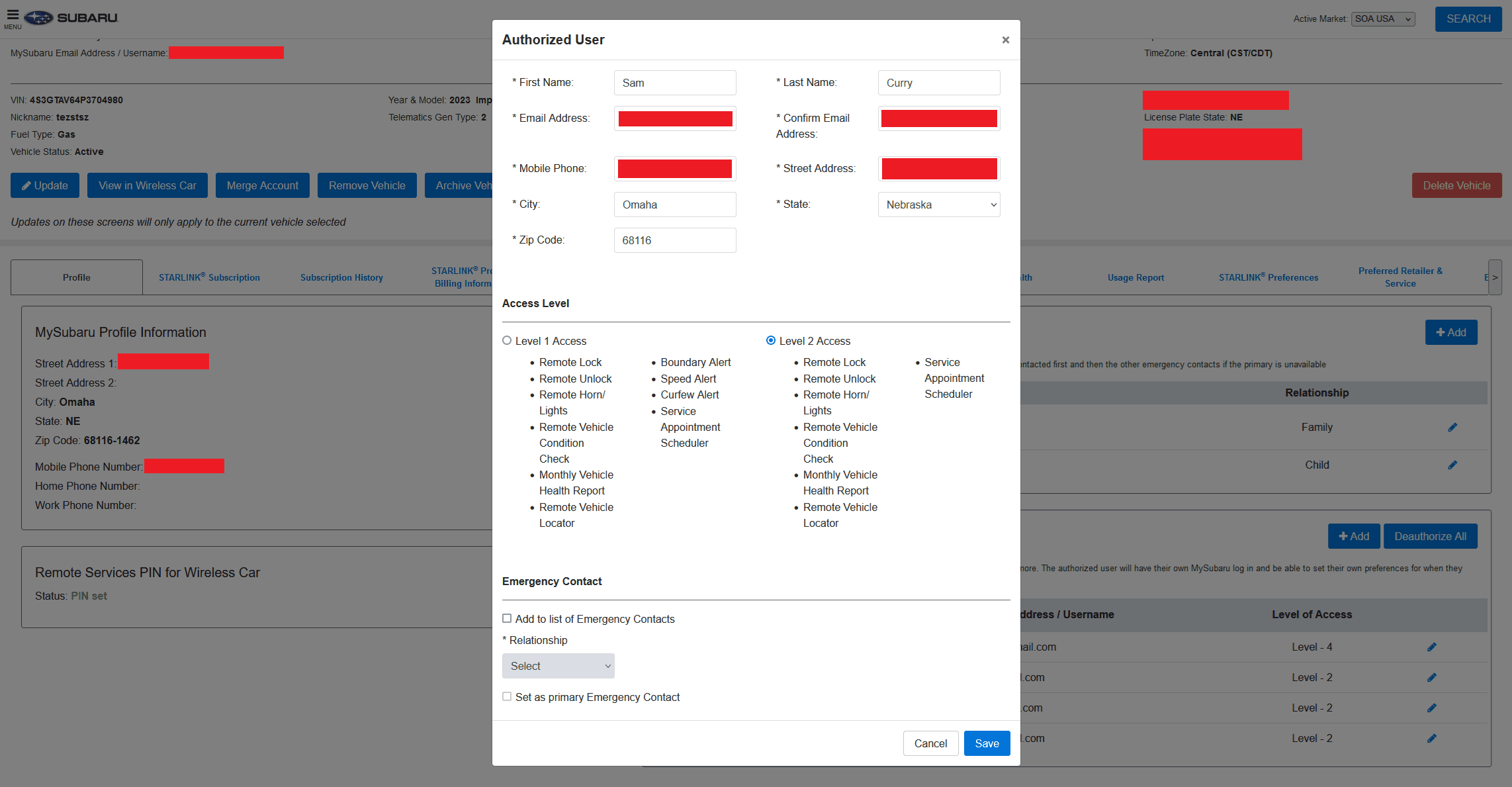 Adding ourselves as an authorized user to our friend's Subaru to demonstrate that we could execute commands on their vehicle.